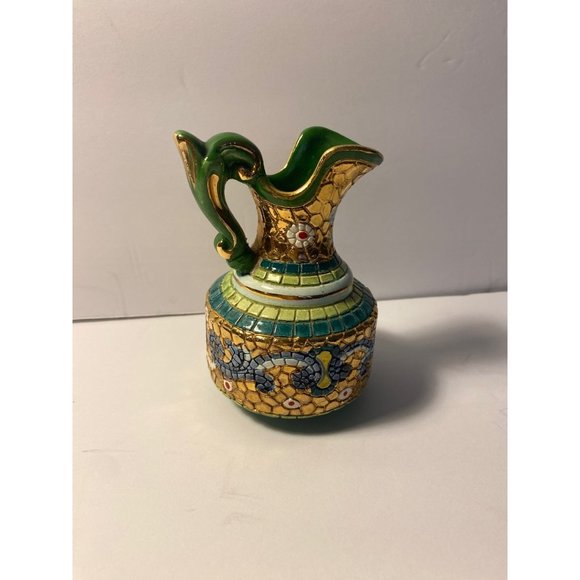 Italian Pottery Pitcher Lavorato Dipinto a Mano Oro Zecchino Mosaic Handpainted - Picture 1 of 8